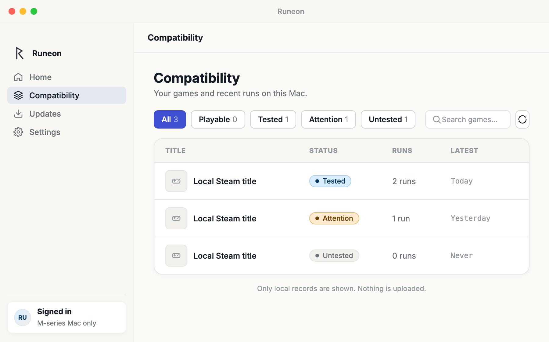 Runeon Compatibility screen showing local run records and report status.